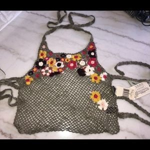 Guess Crochet Halter Top NWTs Sm brown flowers